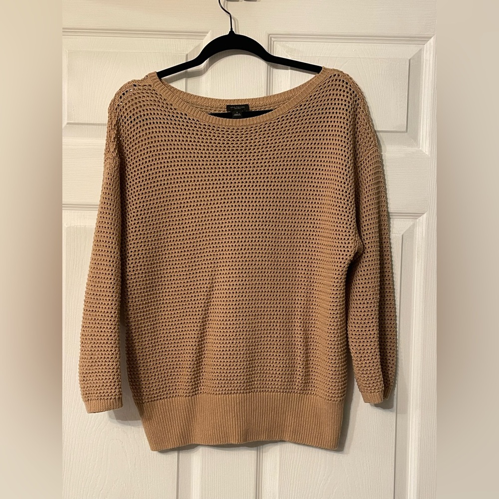 Ann Taylor Open-Knit Scoop Neck Sweater in Tan